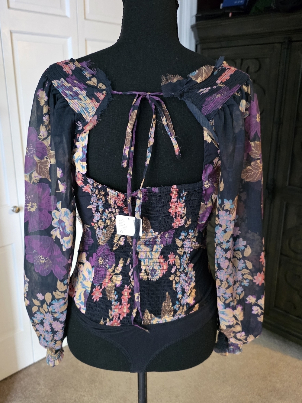 Free People NWT Floral Sheer Sleeve Bodysuit XS Whimsigoth Boho Gothic Top - Picture 4 of 8